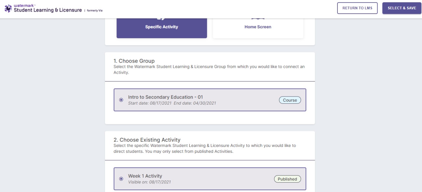 The SL&L activity selection page with course sections and activities listed, and the 'SELECT & SAVE' button highlighted.