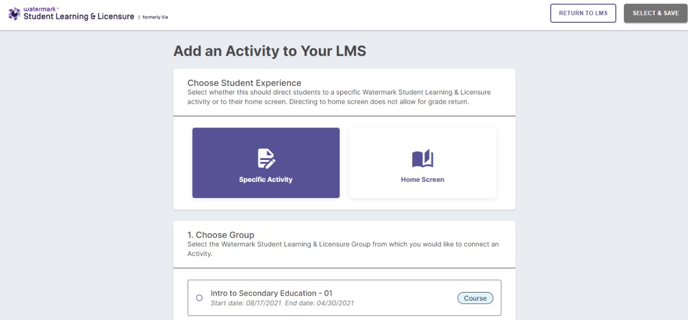 The SL&L integration page with options to select a specific activity.