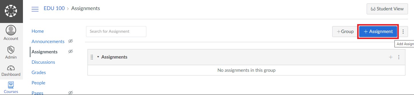 Screenshot of the Canvas Assignments page with the '+ Assignment' button highlighted.