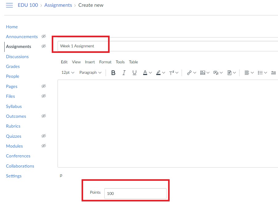 Screenshot of the Canvas assignment creation page, showing fields for 'Title' and 'Points'.
