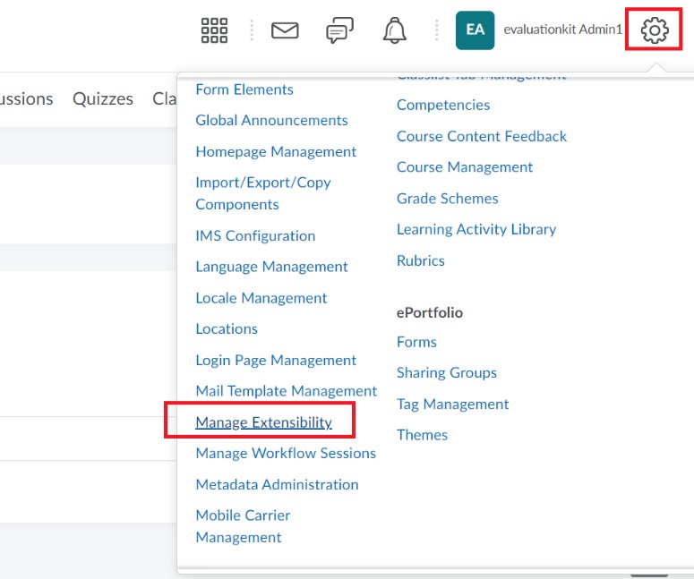 Screenshot of D2L Admin Tools with 'Manage Extensibility' highlighted.