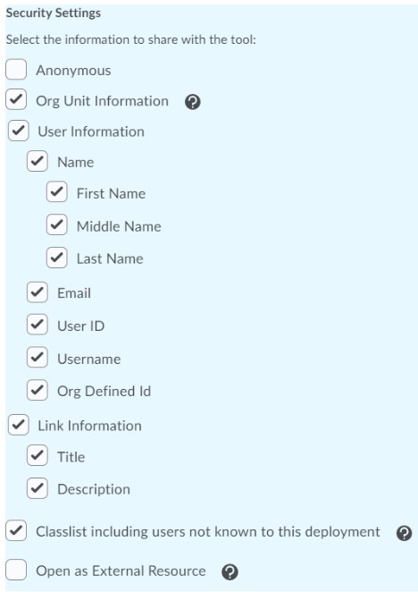 Screenshot of D2L Deployment Security Settings, showing selected user and link information to be sent.