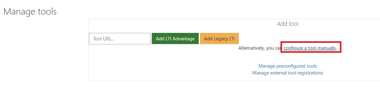 Screenshot of the Manage tools page with the configure a tool manually button highlighted.