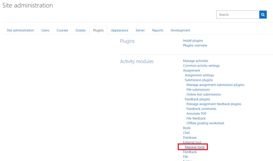 Screenshot of Moodle's Site Administration with the navigation path to Manage tools highlighted.
