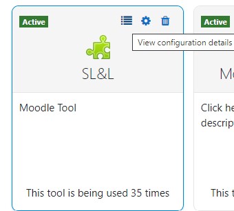 Screenshot showing the Moodle tool list with the 'View configuration details' button for the SL&L tool highlighted.