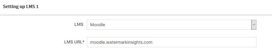 Screenshot of the LMS Integrations page with the LMS dropdown set to Moodle and the LMS URL box filled in.