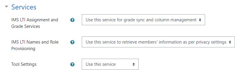 Screenshot of Moodle's services settings with specific options for Assignment and Grade, Names and Role Provisioning, and Tool Settings selected.