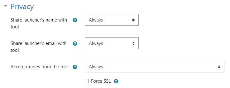 Screenshot of the Moodle tool privacy settings with 'Always' selected for sharing name, email, and accepting grades.