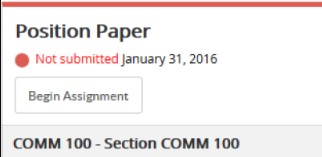 The Position Paper assignment showing a Not submitted status with a date of January 31, 2016 and a Begin Assignment button above the course label COMM 100 – Section COMM 100.