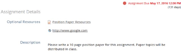 The Assignment Details section showing an Optional Resources list with a Position Paper Resources link and a web link, followed by a Description field instructing the student to write a 10‑page position paper, while the top right shows Assignment Due May 17, 2016 12:00 PM with a days‑remaining note.