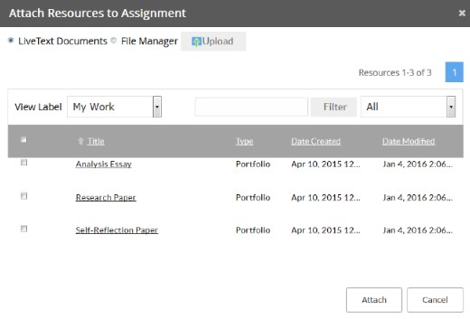 The Attach Resources to Assignment modal showing LiveText Documents and File Manager options with an Upload button, a View Label dropdown set to My Work, filter fields on the right, and a table listing three documents- Analysis Essay, Research Paper, and Self‑Reflection Paper, with checkboxes, type, and date columns, followed by Attach and Cancel buttons at the bottom.