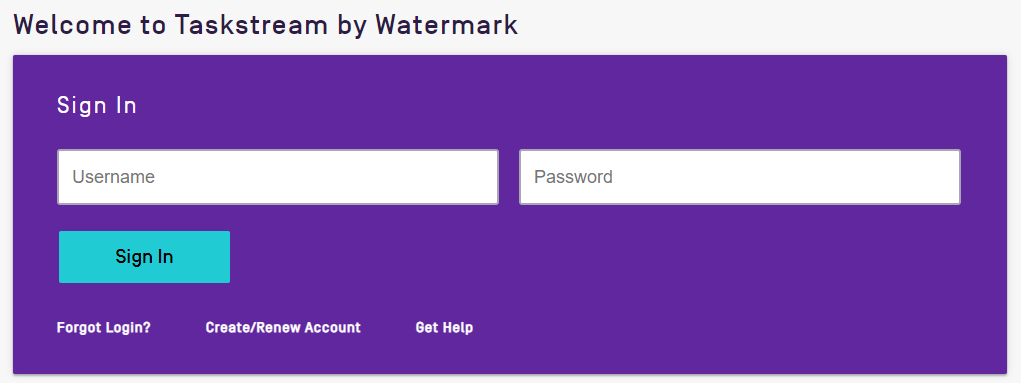The Sign‑in page showing Username and Password fields with a Sign In button, and with links for Forgot Login, Create/Renew Account, and Get Help.