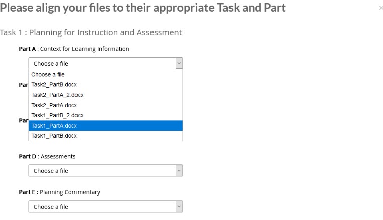 The File alignment window showing dropdown menus for selecting files for each task and part. Task 1 sections include Part A: Context for Learning Information, Part D: Assessments, and Part E: Planning Commentary. The Part A dropdown expanded with multiple document options listed.