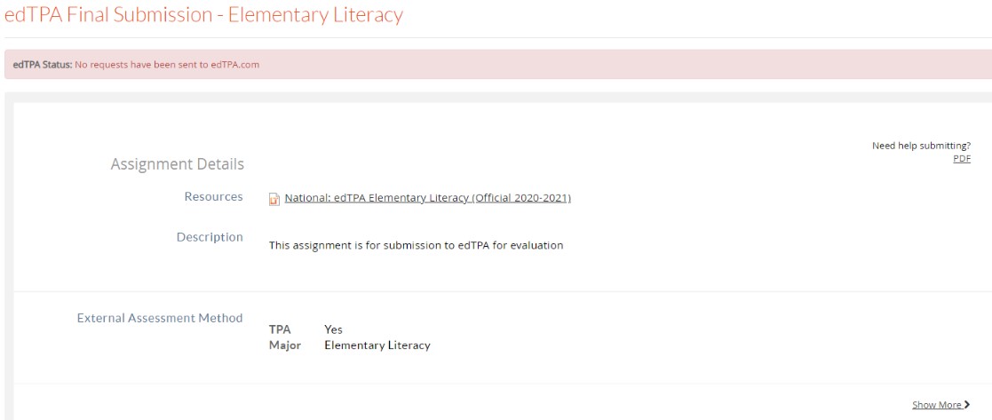 The Assignment details page for edTPA Final Submission - Elementary Literacy showing a status bar indicating no requests have been sent to edTPA.com. The page includes resources linking to the national edTPA guidelines, a description stating the assignment is for submission to edTPA for evaluation, and an external assessment method section noting TPA Major as Yes for Elementary Literacy. A Help Submitting PDF link on the right.