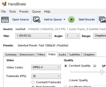 The HandBrake window showing the Video tab with video codec and framerate dropdown fields and quality settings sliders displayed below the toolbar.