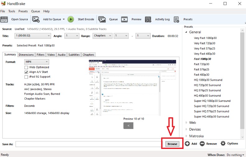 The HandBrake window showing video details, preview thumbnails, format and preset panels, and a Save As section at the bottom with the Browse button highlighted.