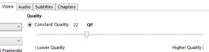 The Video tab showing a Quality section with the Constant Quality option set to 22 and a slider ranging from lower quality to higher quality.