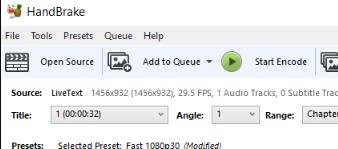 The HandBrake window showing buttons for Open Source, Add to Queue, Start Encode, Queue, Preview, and Activity Log, with Source details and title, angle, and range fields displayed below.