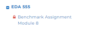 The assignment item labeled EDA 555 with a locked benchmark assignment listed beneath it.