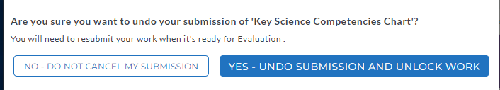 The confirmation dialog showing a message asking whether to undo a submission, with options to keep the submission or undo it and unlock the work.
