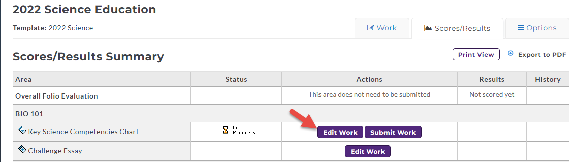 The Scores and Results summary showing coursework items with their status and action buttons, including an option to edit or submit work for the selected assignment.