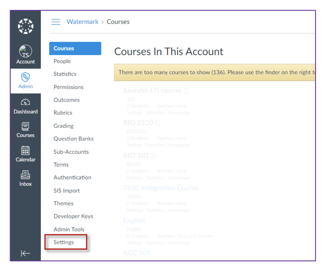 The Courses page showing a left navigation list with multiple admin options, with Settings highlighted at the bottom of the list.