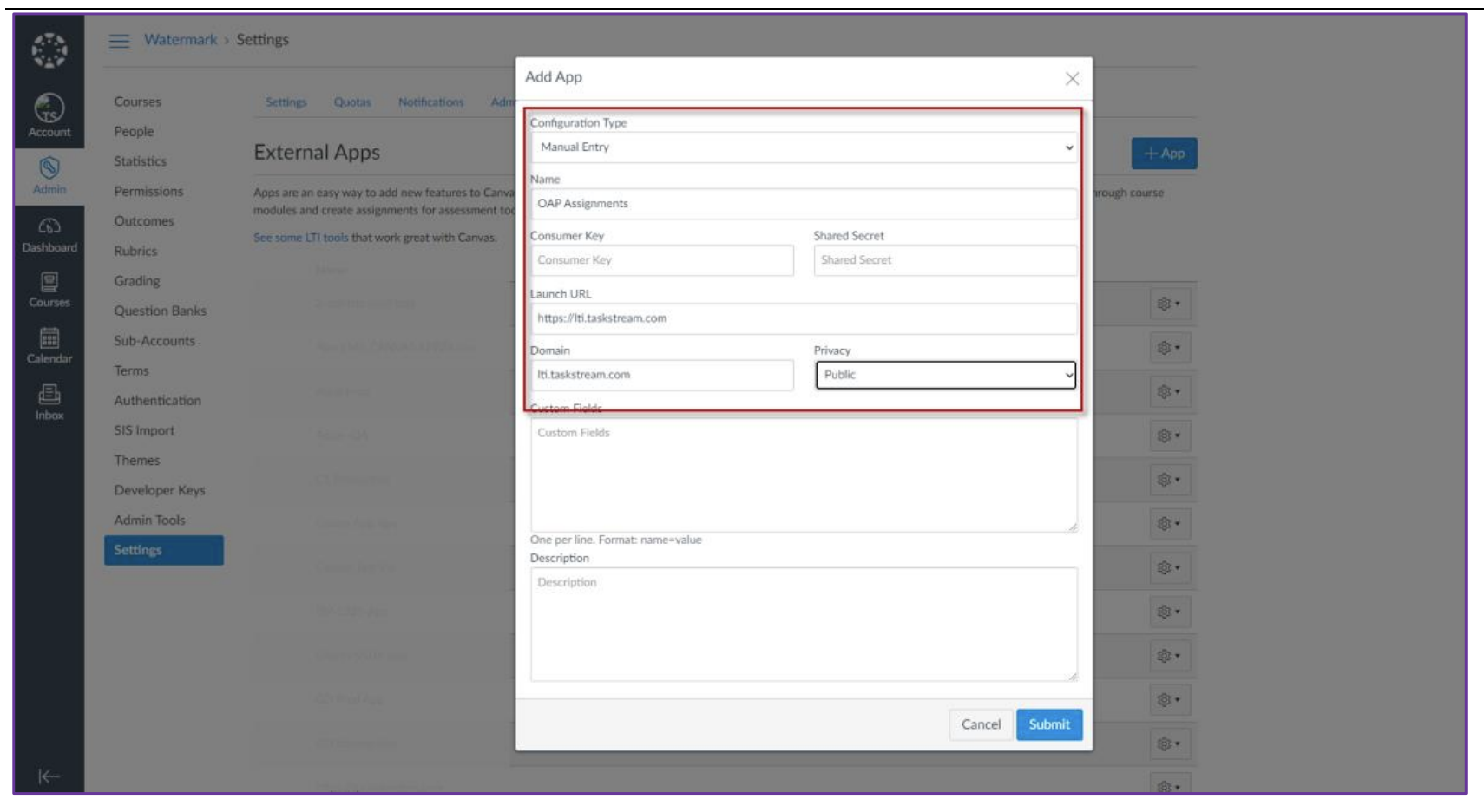 The Add App dialog showing fields for Configuration Type set to Manual Entry, Name, Consumer Key, Shared Secret, Launch URL, Domain, and Privacy set to Public. Additional Custom Fields and Description boxes appear below. Cancel and Submit buttons appear at the bottom.