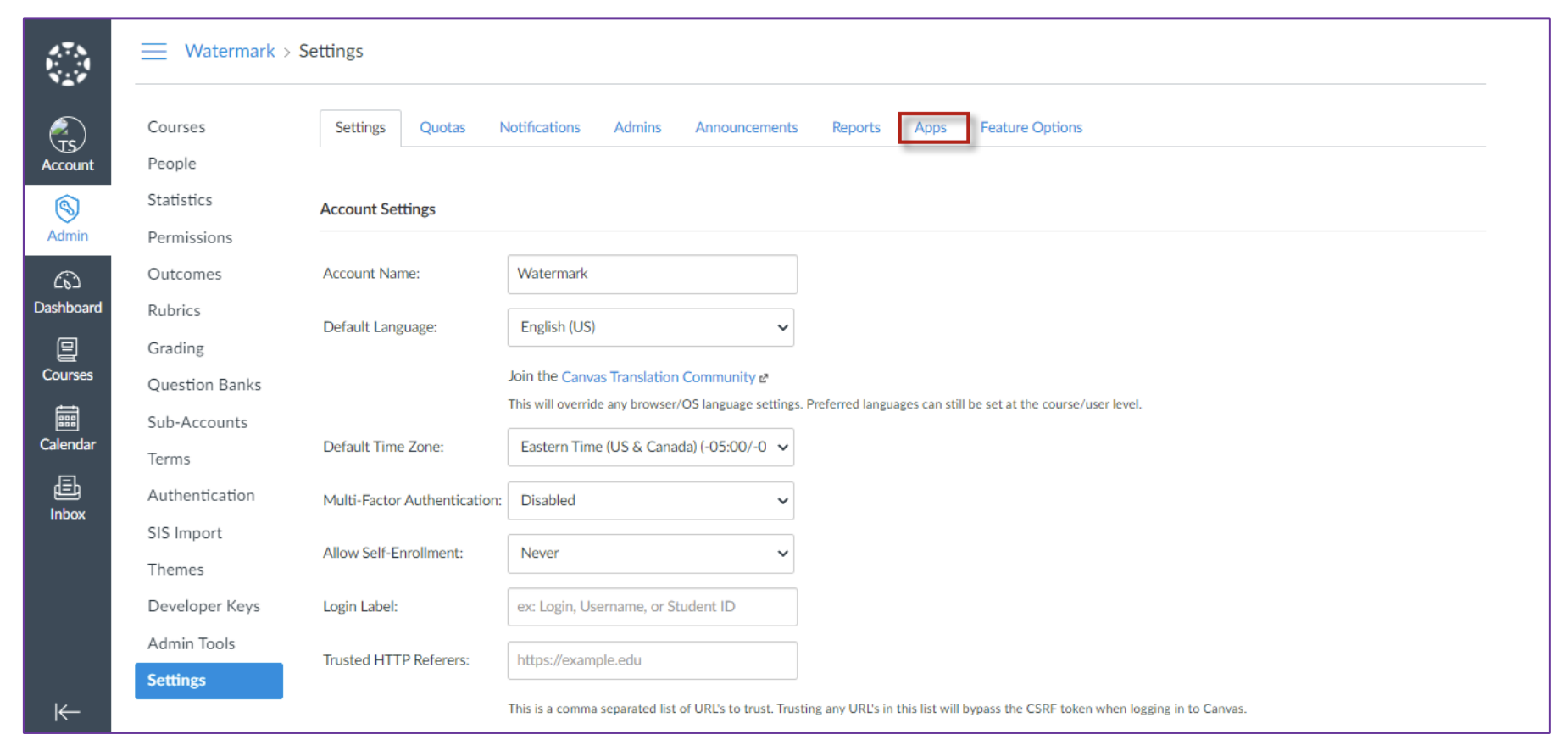 The Settings page showing tabs for Settings, Quotas, Notifications, Admins, Announcements, Reports, Apps, and Feature Options, with the Apps tab highlighted.