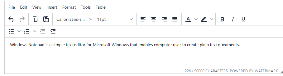 The text editor toolbar showing formatting buttons and a text area showing one sentence typed, with the character counter below.