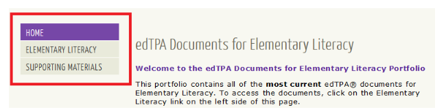 The page titled 'edTPA Documents for Elementary Literacy' with a left navigation menu showing three items: Home, Elementary Literacy, and Supporting Materials.