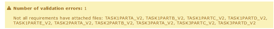 The validation message showing 'Number of validation errors: 1' followed by the warning 'Not all requirements have attached files,' with a list of missing file items.