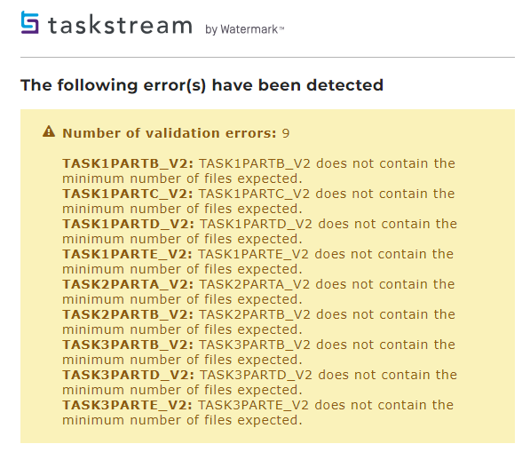 The Taskstream section showing message title 'The following error(s) have been detected' and heading 'Number of validation errors: 9' with a list of task code errors.