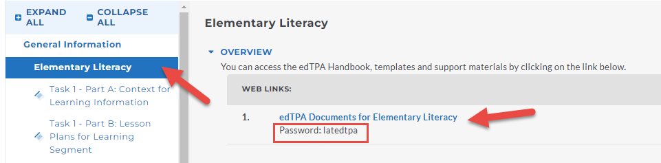 The Elementary Literacy section showing Overview area with a web link titled 'edTPA Documents for Elementary Literacy' and a highlighted password.