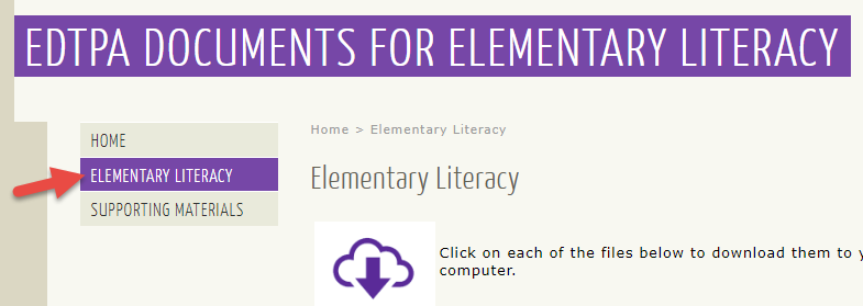 The EDTPA Documents for Elementary Literacy page showing left navigation with tabs Home, Elementary Literacy, and Supporting Materials, with Elementary Literacy selected. The main page shows instructions on how to click files to download.