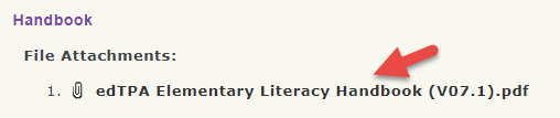 The Handbook section showing File Attachments with a linked file titled edTPA Elementary Literacy Handbook (V07.1).pdf.