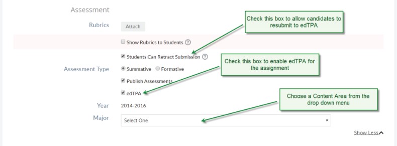 The Assessment section showing options to show rubrics to students, allow students to retract submission, select summative or formative assessment type, publish assessments, enable edTPA, and choose a major from a dropdown menu. A callout bubble reads 'Check this box to allow candidates to resubmit to edTPA,' pointing to the Students Can Retract Submission checkbox. Another callout bubble reads 'Check this box to enable edTPA for the assignment,' pointing to the edTPA checkbox. A third callout reads 'Choose a Content Area from the drop down menu,' pointing to the Major dropdown field.