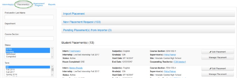 A Placements page showing search filters for name, department, course‑section, status, and term, with buttons above the results to import placements, create a new placement request, or review pending imported placements, and a list of student placements below with details and options to edit or manage each placement.