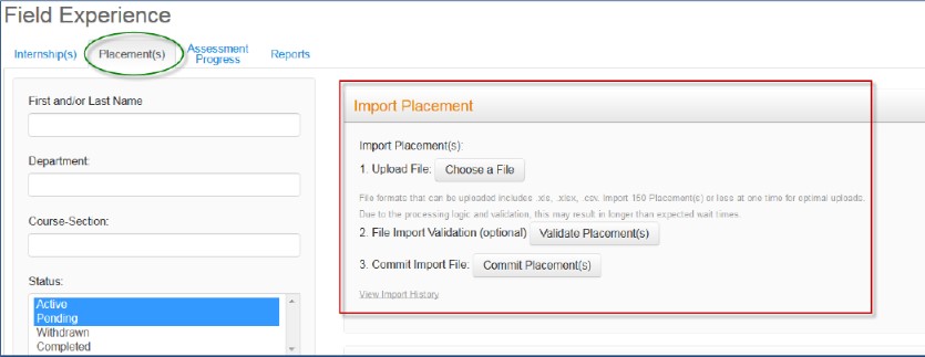 A Placements page showing search filters on the left and an Import Placement panel on the right with options to upload a file, validate the import file, and commit the placement import.
