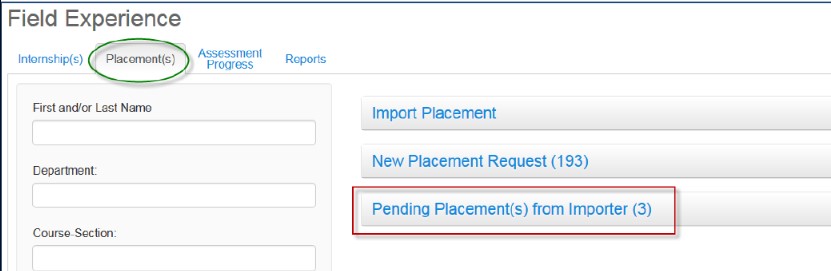 A Placements page showing search filters on the left and action buttons on the right for importing placements, creating a new placement request, and accessing pending placements from the importer.