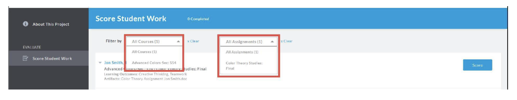 The Score Student Work page showing two dropdown filters highlighted: All Courses, listing All Courses and Advanced Colors–Sec: 554; and All Assignments, listing All Assignments and Color Theory Studies: Final. A Score button appears on the right.