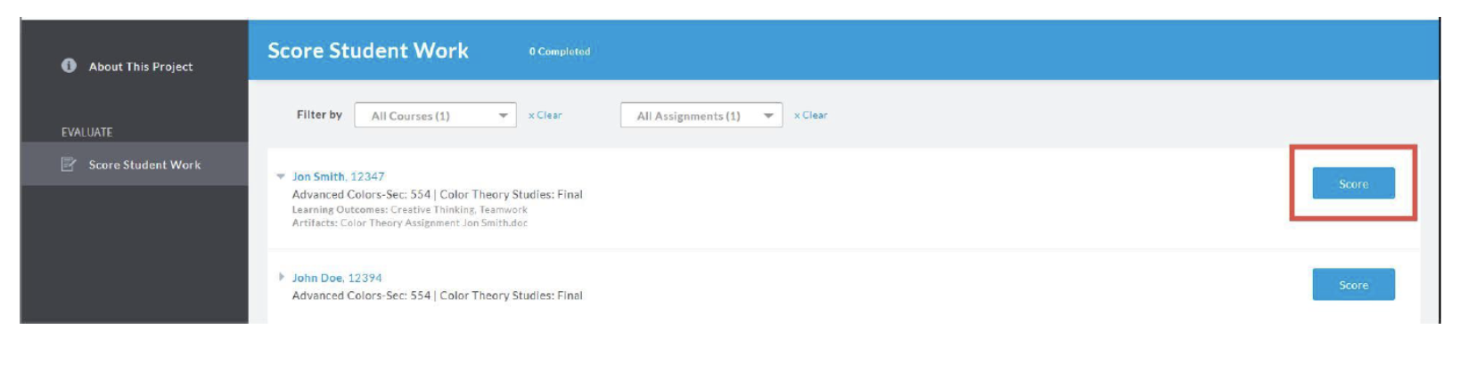 The Score Student Work page showing a list of students with assignment details. A Score button displayed on the right side of each student row, with the top Score button highlighted.