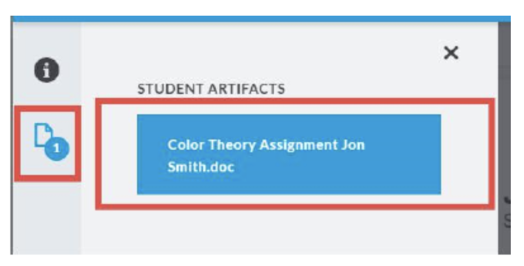 The Student Artifacts panel showing one available file. A file icon with a count indicator appearing on the left. To the right, a file tile displays the document titled ‘Color Theory Assignment Jon Smith.doc.’