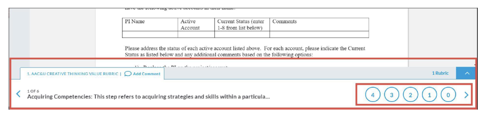 The Rubric panel showing a rubric title and an Add Comment option at the top. The rubric item ‘1 of 6’ with the criterion title ‘Acquiring Competencies.’ A row of selectable rating buttons labeled 4, 3, 2, 1, and 0 appears on the right side.