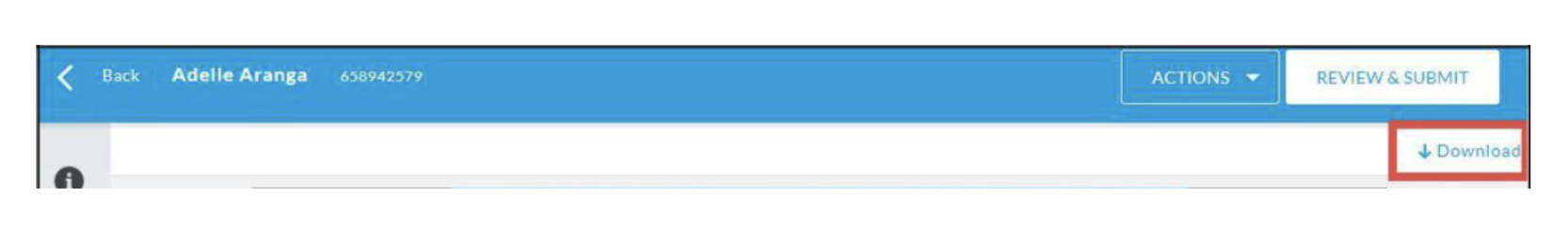 The Top bar showing Back, the student name Adelle Aranga, and an Actions dropdown with a Review & Submit button. On the right side of the bar, a Download link highlighted.