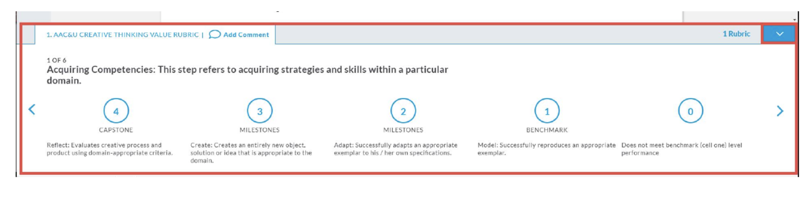 The rubric panel showing the title with an Add Comment option. The criterion displays as ‘1 of 6’ with the title ‘Acquiring Competencies’ and a brief description. Rating levels appear in a row: 4 Capstone, 3 Milestones, 2 Milestones, 1 Benchmark, and 0, each with its performance description. Navigation arrows appear on the left and right.