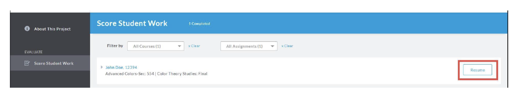 The Score Student Work page showing one student listed. Filters for Courses and Assignments appear at the top. The student row displays the name and assignment details. A Resume button highlighted on the right side of the row.