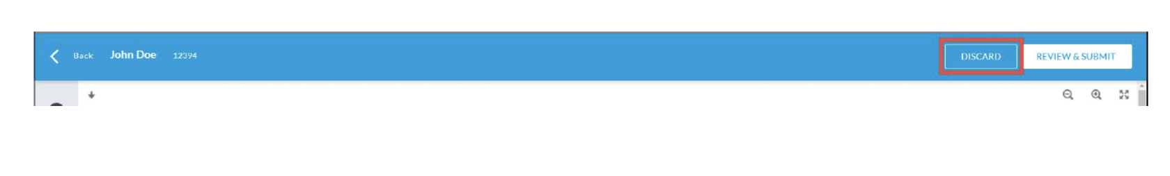 The top bar showing a Back link and the student name John Doe with an ID number. On the right side, a Discard button highlighted next to a Review & Submit button.