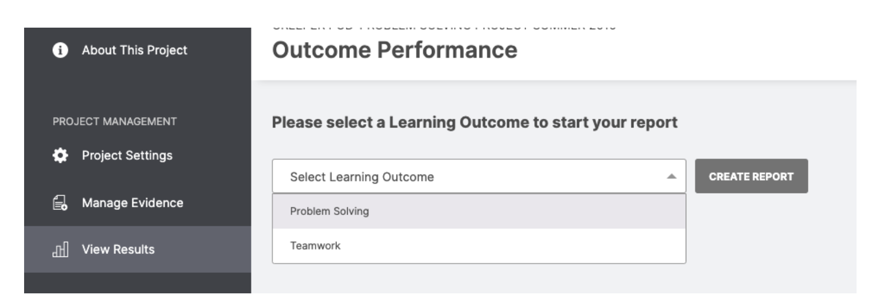 The Outcome Performance page showing a left navigation menu with options: About This Project, Project Settings, Manage Evidence, and View Results (selected). The main area displays a dropdown labeled Select Learning Outcome with options Problem Solving and Teamwork, and a Create Report button.