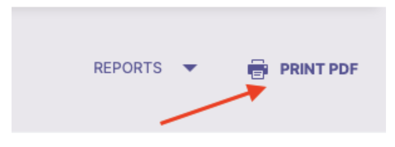 The Reports menu and a Print PDF option indicated by a printer icon. An arrow highlights the Print PDF button.