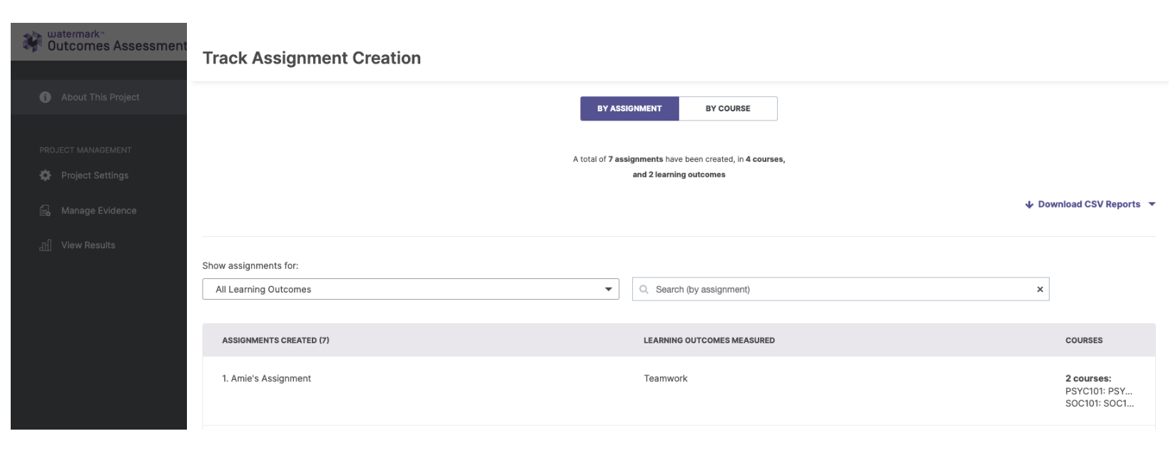The Track Assignment Creation page showing two tabs: By Assignment and By Course. A summary states the total number of assignments, courses, and learning outcomes. Filters for learning outcomes and a search field appear beneath the summary. The assignments table lists one assignment with columns for Assignments Created, Learning Outcomes Measured, and Courses. A Download CSV Reports option appears on the right side.